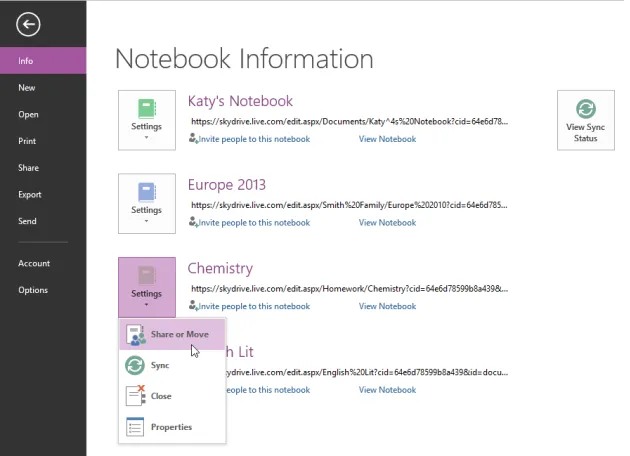 Figure 1-12 shows a group of notebooks open from SkyDrive with the option to share a notebook readily available.
