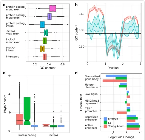 Fig. 1 LncRNAs sequence features inamong intergenic sequences, multi- or mono-exonic lncRNAs and protein-coding loci.sequences across multi-exonic protein-coding and lncRNA loci; the solid lines represent respectively the 95% confidence interval, median an