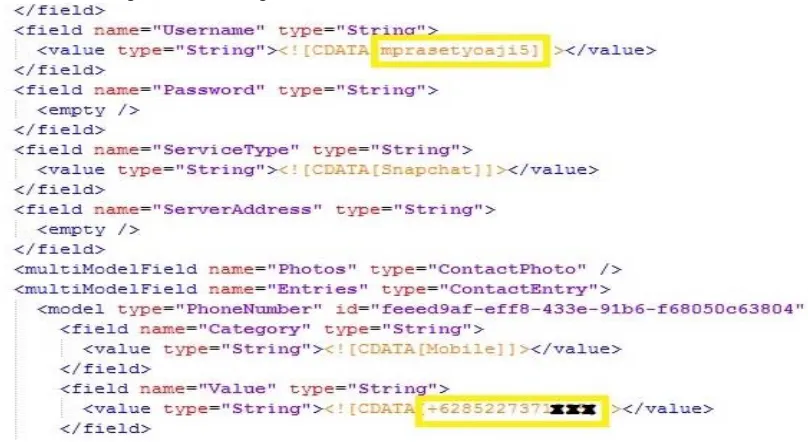 Figure 4 . Screenshoot File XML Account Snapchat from iOS 