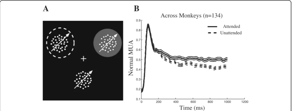 Fig. 1 Behavioral paradigm to study spatial attention and attentional effects on neural activity.to a cued RDP while a single stimulus was presented inside the receptive field (RF, gray-filled circle) and one/two RDPs were presented outsidethe RF (one for 