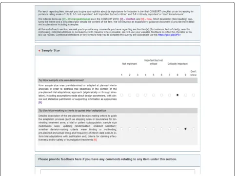 Fig. 2 Snapshot of the online round 1 Delphi survey. [N] and [M] represent new and modified reporting items