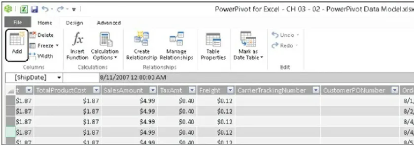 Figure 2-12. Use Add to create a new calculated column in the PowerPivot window.