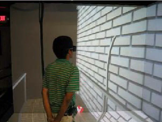 Figure 1: A virtual scaffolding observed by a real user  on the top level of the building
