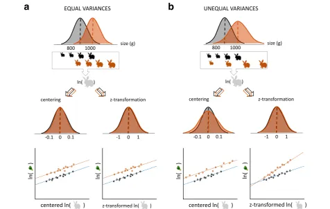 Fig. 3. Visualizations of within-group centering and z-transformation. a Within-group centering of a size variable with two groups (black, control;orange, experimental) with the same variances, and b within-group z-transformation of a size variable with two groups with different variances