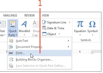 table columns. Some complicated features, such as a table of contents or an index, are built by single fields that collect infor-mation from throughout your document.