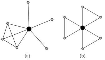 Fig. 1. Two graphs (a) and (b) showing a black node with the same cluster coefﬁcient 0 