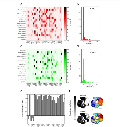 Fig. 2 Comparison of odor responses between PNs and OSNs. a The summary of odor response intensity of 31 PN classes to 17 odors