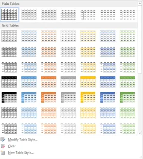 Table Styles gallery on the Design tool tab. The table styles include a variety of borders, col-