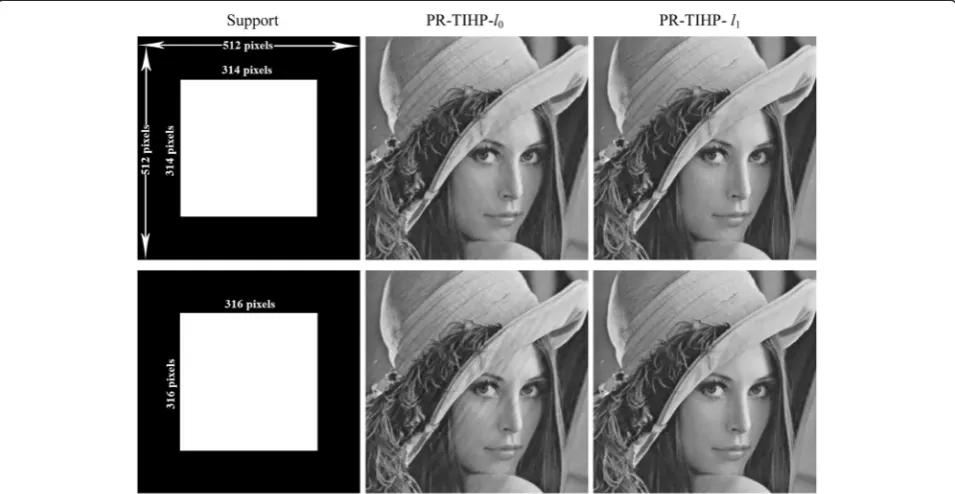 Fig. 2 The reconstructed “Lena” images by PR-TIHP-l0 and PR-TIHP-l1 with various oversampled factors and their corresponding non-negative supportfields