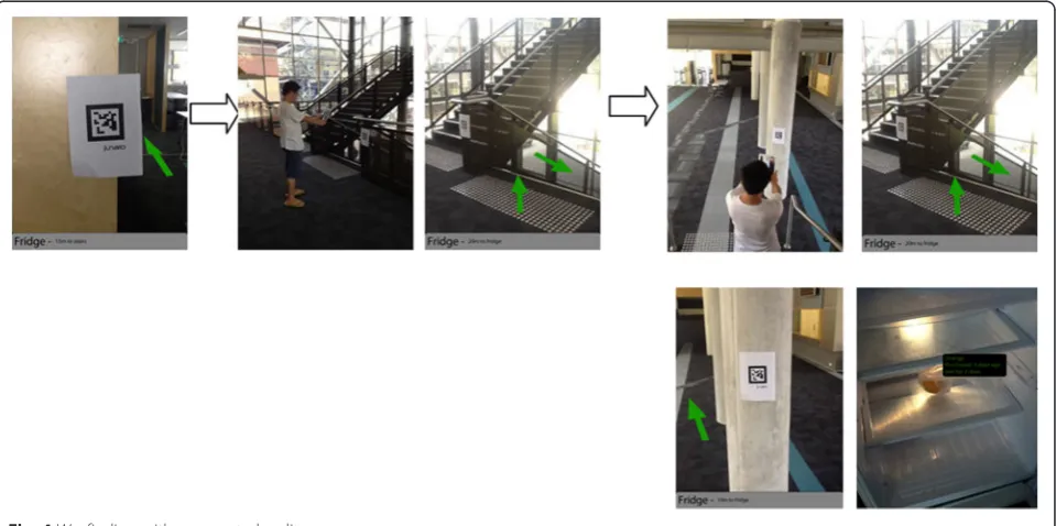 Fig. 3 AR-based wayfinding: a scanning a quick reference marker to identify current location; b a virtual arrow indicator shows directionand distance