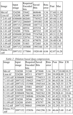 Table 2: Dilation based Jpeg compression. 