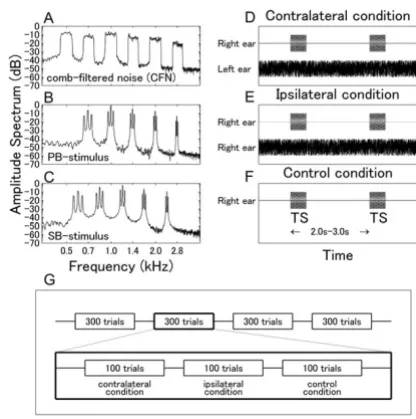 Figure 8Stimuli and experimental designStimuli and experimental design. Amplitude spectra of the auditory stimuli measured at the silicon earpiece fit to the subject's ear