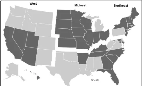 Fig. 1 U.S. regions in the National Emergency Department Sample. States in darker shades contributed data to the National EmergencyDepartment Sample during the study period, 2009–2013