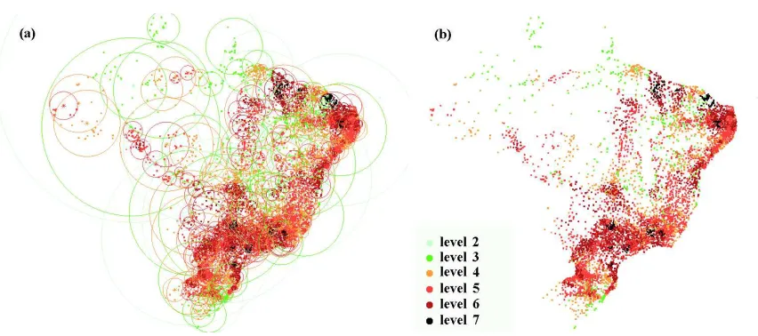 Fig. 3. Visualization of the DBM-MM structure for the Cities dataset. (a) with the covering radius of the nodes; and(b) only the elements
