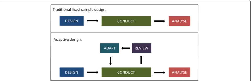 Fig. 1 Schematic of a traditional clinical trial design with fixed sample size, and an adaptive design with pre-specified review(s) and adaptation(s)