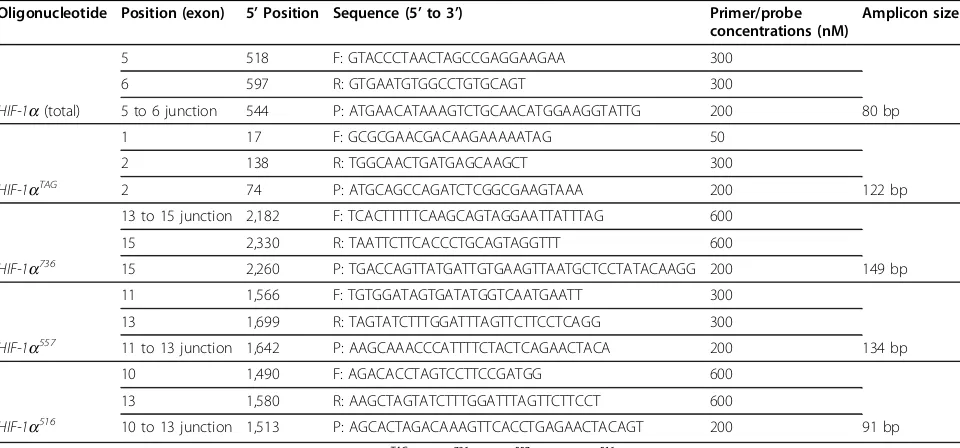 Table 1 Details of oligonucleotide sequences of primers and probes used to quantify hypoxia inducible factor 1a(HIF-1a) mRNA splice variants by real-time quantitative reverse transcription PCR assays