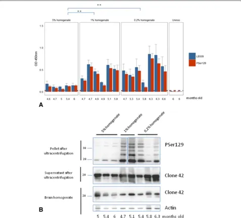 Figure 3 Detection ofDetection by ELISA of αS by ELISA and Western blot in mice inoculated with different concentrations of whole brain homogenates