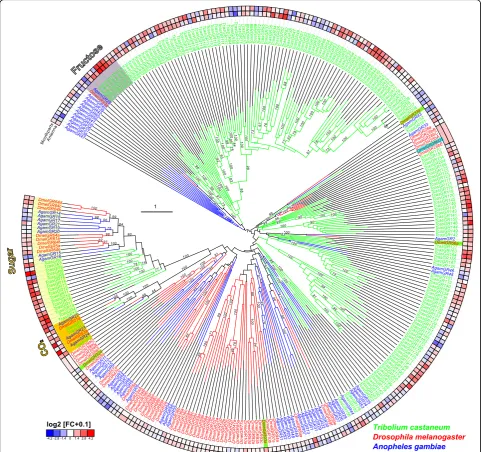 Fig. 10 Phylogenetic tree of gustatory receptors (GRs). Mid-point rooted tree based on protein sequences from T