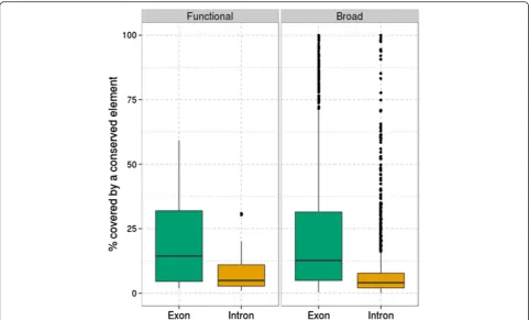 Fig. 1 Boxplots showing the percentage of exonic and intronic sequences covered by conserved elements in the functional and broad humandata sets