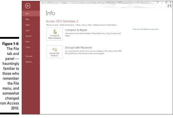 Figure 1-6:  The File  tab and  panel —  hauntingly  familiar to  those who  remember  the File  menu, and  somewhat  changed  from Access  2010.