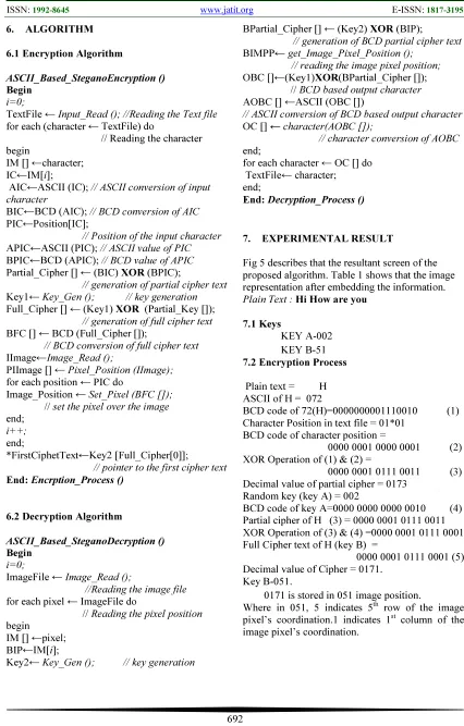 Fig 5 describes that the resultant screen of the proposed algorithm. Table 1 shows that the image representation after embedding the information