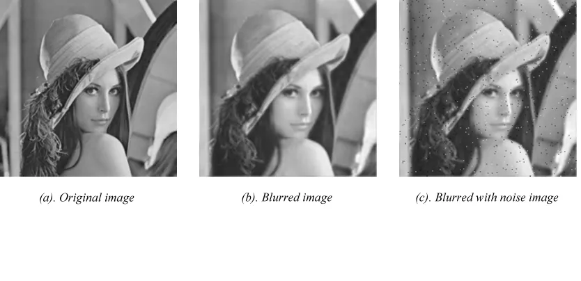 Figure 1.7 Results for noise corrupted lena image (a) Original image (b) Blurred image (c) Blurred with noise image (d) Blind Deconvolution (e) Inverse Filter (f) Lucy-Richardson Filter (g) NLKR Deblurring (h) Proposed method 