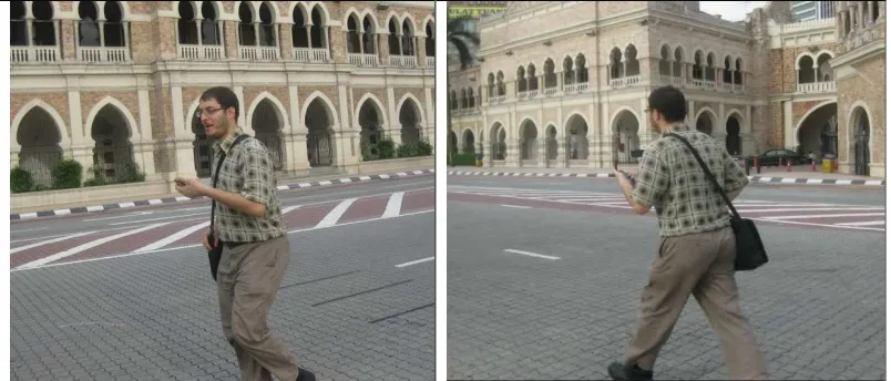 Figure 1. Participant Holding A Mobile Device Walking And Comparing The 3D Map View In The Mobile Device With The View In Reality 