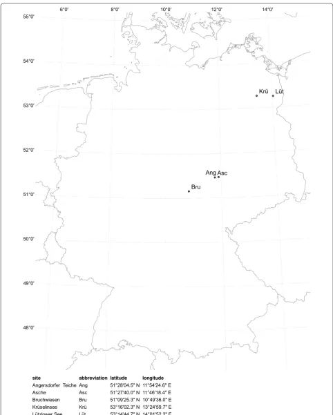 Fig. 1 Map of investigated sampling sites (QGIS version 3.2, GeoBasis-DE/BKG 2018). Sites are abbreviated as first three letters: Krüselinsee (Krü), Lützlower See (Lüt), Angersdorfer Teiche (Ang), Asche (Asc) and Bruchwiesen (Bru)