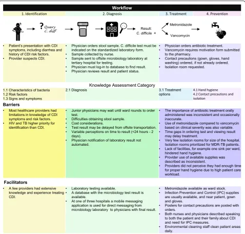 Fig. 1 Clostridium difficile infection (CDI) identification, diagnosis, treatment, and prevention workflow: facilitators and barriers