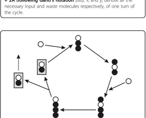 Figure 1 An autocatalytic cycle of the formnecessary input and waste molecules respectively, of one turn of Σxi + A —①! Σy+ 2A (following Gánti’s notation [68])