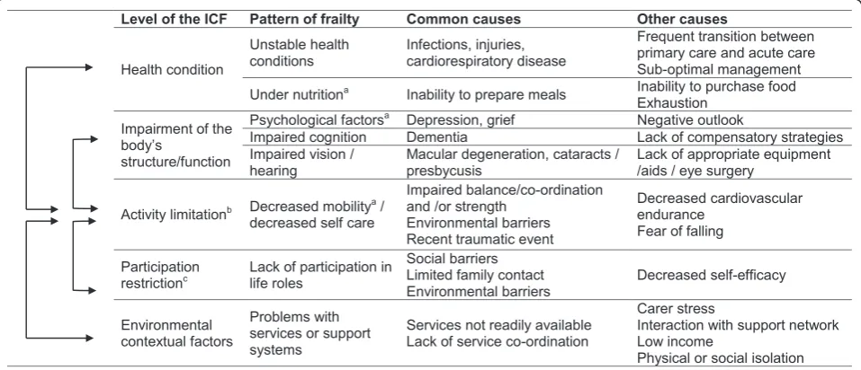 Figure 1 Important factors to assess in the frail patient and the interactions between themas difficulty experienced by an individual when executing activities (International Classification of Functioning (ICF)[26]);