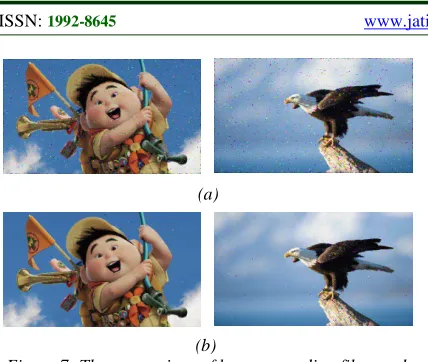 Figure 7: The comparison of between median filter and designed fuzzy filter(noisy density is 30%):  (a).Results of Median Filter, (b)