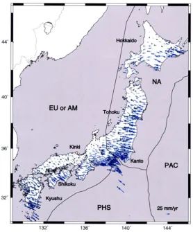 Fig. 1. Yearly averaged velocity vectors obtained from the continuous GPS observation network in the Japanese Islands for the period from April 1st, 1996to March 31st, 1998 (Miyazaki et al., 1998)