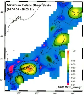 Fig. 5.Distribution of the maximum shear inelastic strain in the Japanese Islands as estimated by LSP and FDE for the period from April 1st, 1996 toMarch 31st, 1998