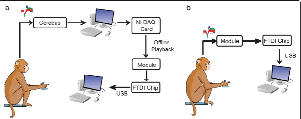 Fig. 6 Experimental Setup. a While the monkey performs the finger flexion task, broadband neural data is recorded through the Cerebus andsaved on a computer
