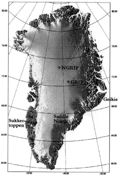 Fig. 3. Ice movements around NGRIP, relative to the deep central pole. Icesheet elevations shown in meter.