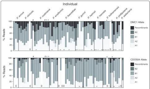 Figure 3 Percentage of useful reads gained for each nuclear gene copy and allele, including recombinant readsprinted at the base of the column