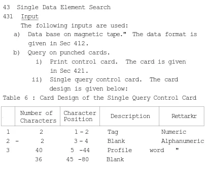 Table 6 : Card Design of the Single Query Control Card 