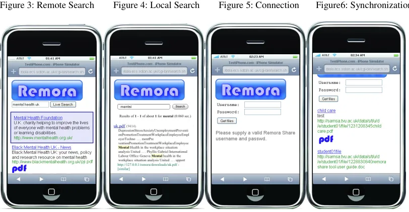 Figure 3: Remote Search        Figure 4: Local Search        Figure 5: Connection       Figure6: Synchronization 