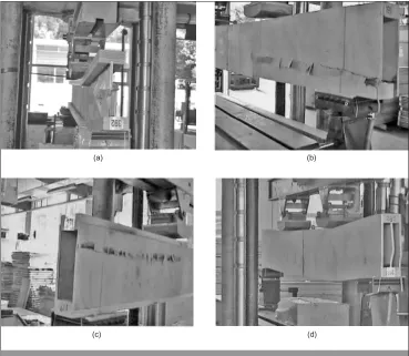 Fig. 7. Failure modes for various beams under four-point bending over 2.1 m span: (a) LVL I-beam; (b) box beam; (c) recessed beam; (d) boxed I-beam