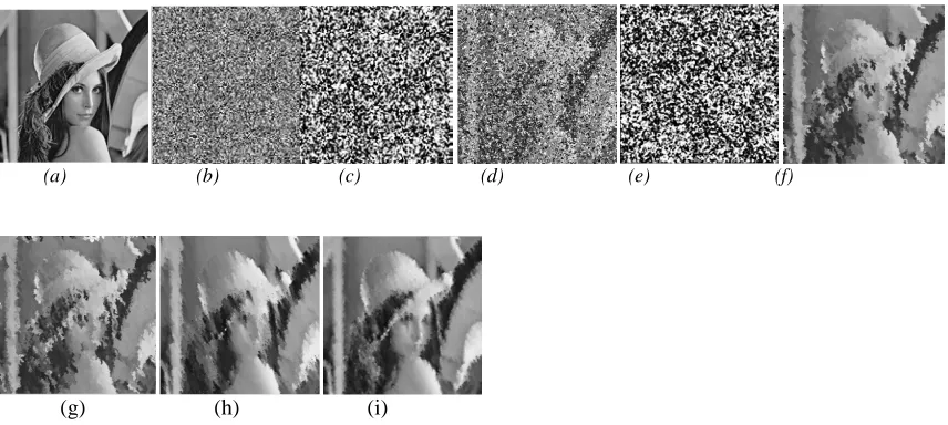 Figure 4 Results for 80% noise corrupted lena image (a) Orginal image  (b) Noise image (c) MF (d) AMF (e) PSMF (f) DBA (g) MDBA (h) MDBUTMF (i) MNF 