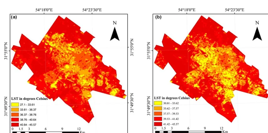 Figure 7. Spatial distribution of NDVI obtained from Landsat TM data: (a) 8 August 1998, (b) 6 August 2009.