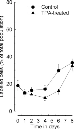 Fig. 4: Assessment of viability in control and TPA-treatednon-adherent MEG-01 cells. Values at each time point wereobtained by determining the mean ± SE of three separate fieldsfromthreeindividualslides.Reprintedfrom[15]"Characterization of prostaglandin e