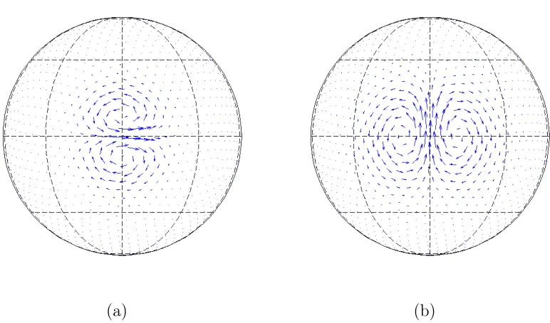 Figure 1.7: The two components of the tangent vector basis at yΨj: (a) Zonal basis,div(x, yj)ej (b) Meridional basis, Ψdiv(x, yj)dj