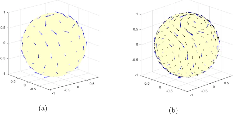 Figure 1.8: (a) The scattered samples of a surface divergence-free vector ﬁeld in blueand (b) the interpolant of the ﬁeld using the surface divergence-free RBF interpolantin black.