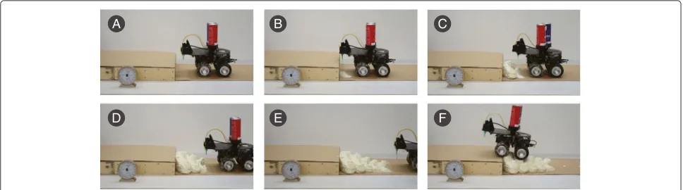 Figure 9 The robot autonomously detects the step and moves forward slowly (A); then deposits the polyurethane foam with a headsweeping motion (B), moves back slowly, and ejects foam repeatedly (C), (D), (E)
