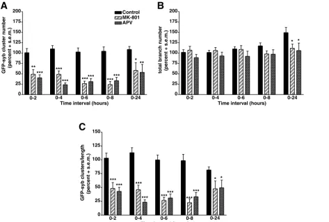 Fig. 7. NMDA receptor blockade speciﬁcally inﬂuences presynaptic sites without altering RGC axon arbor complexity