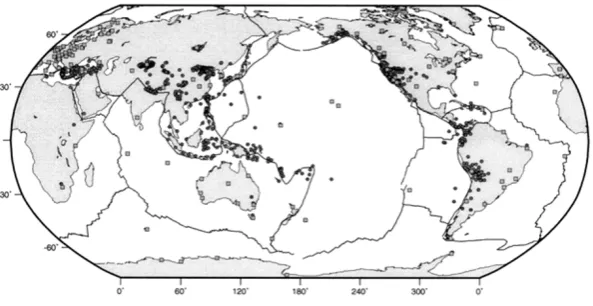 Fig. 1.Site locations of the geodetic velocities used in this study.Squares are IGS stations used in our reference frame solution, and circlesare all other sites for which velocities are used (list of references can be acquired through the authors or at http://www.terrapub.co.jp/journals/EPS/pdf/5210/append.pdf).
