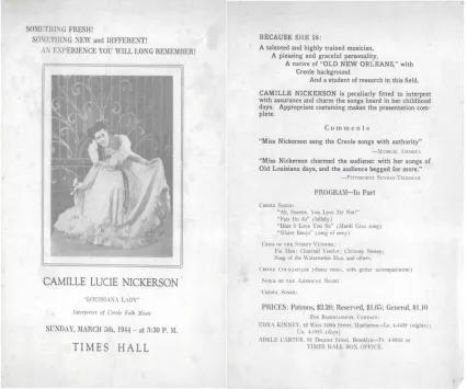 Figure 6. This program, front and back, was used for one of Nickerson’s first professional performances on Sunday, March 5, 1944, at Times Hall in New York City