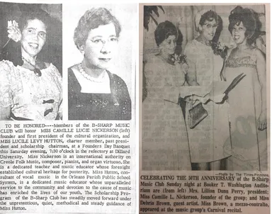 Figure 9. On November 25, 1961, the B-Sharp Music Club celebrated its forty-fifth anniversary by honoring Camille Lucie Nickerson and Lucille Levy Hutton, past president and charter member, as guests of honor